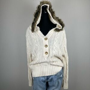 Vintage Y2K Faded Glory Cable Knit Faux Fur Hooded Pullover Sweater Womens XL